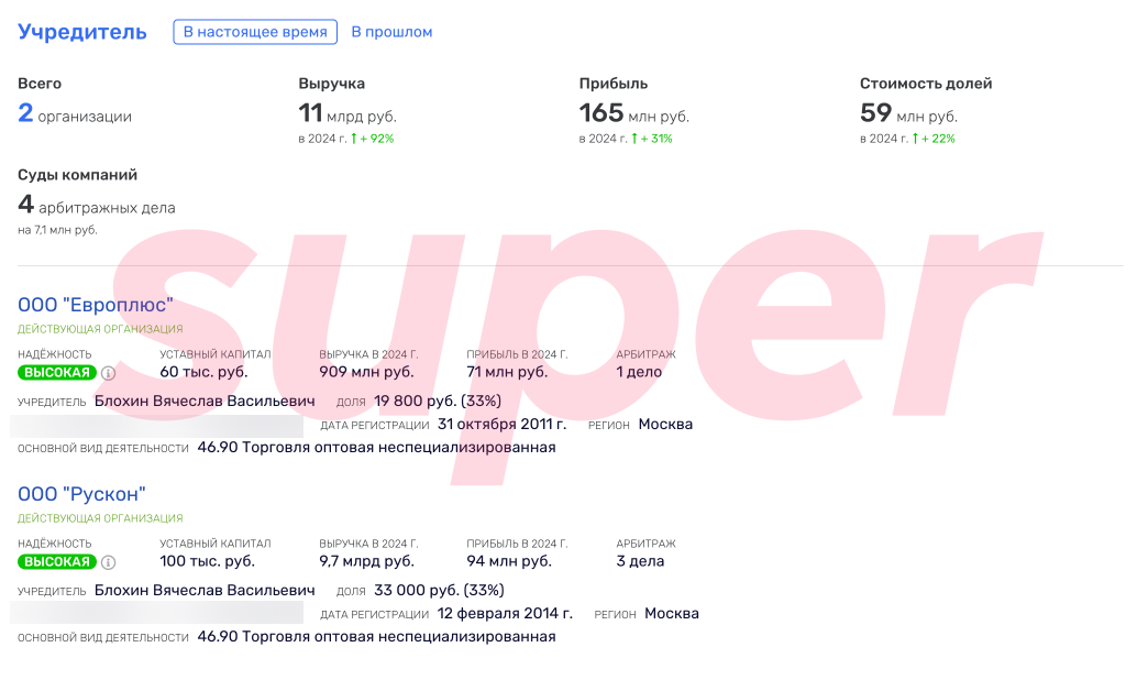 Информация о бизнесе Вячеслава Блохина. Фото: Rusprofile 