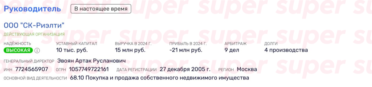 ИНформация о компании, которой руководит Артак Эвоян. Фото: Rusprofile