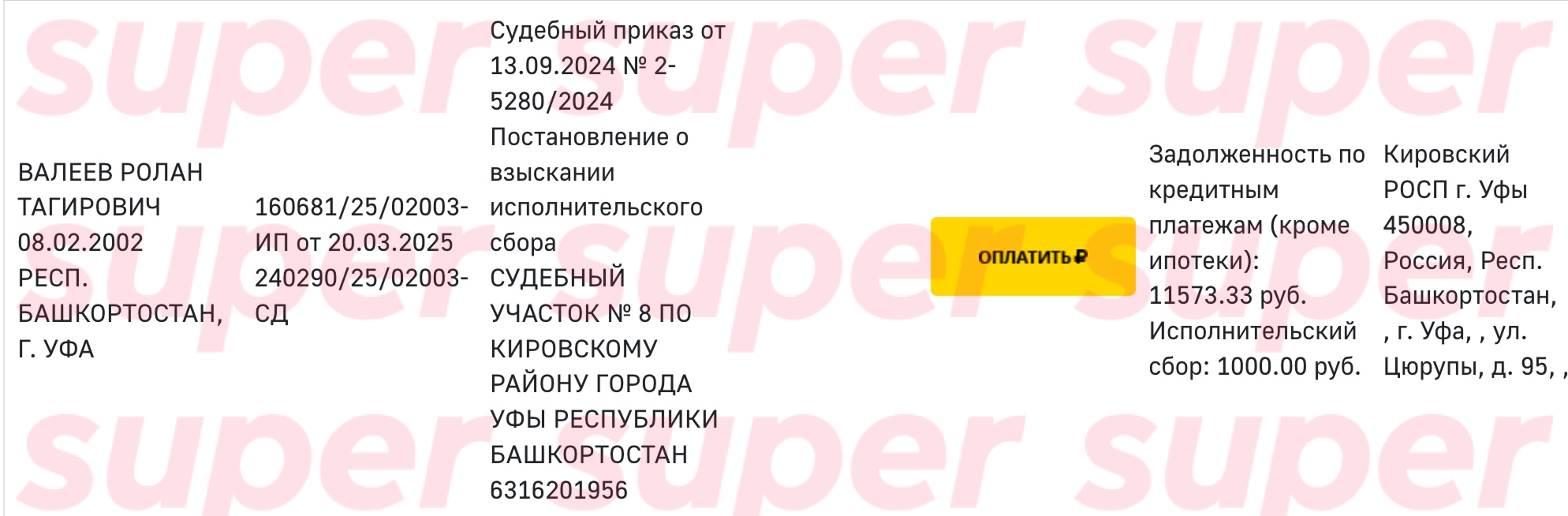 Данные о задолженностях Ролана Валеева. Фото: официальный сайт ФССП