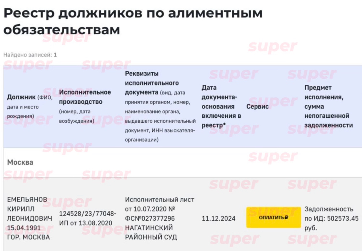 Информация о задолженности Кирилла Емельянова по алиментам. Скриншот: официальный сайт ФССП