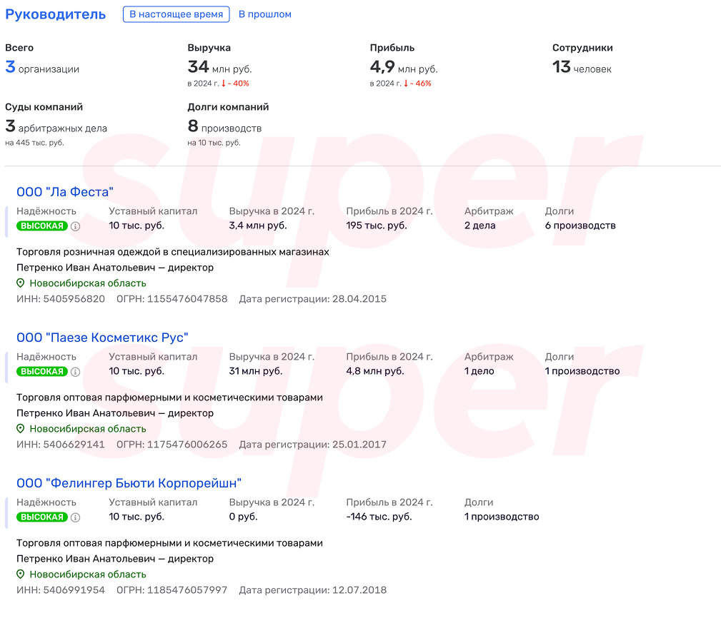 Информация о компаниях Ивана Петренко. Фото: Rusprofile