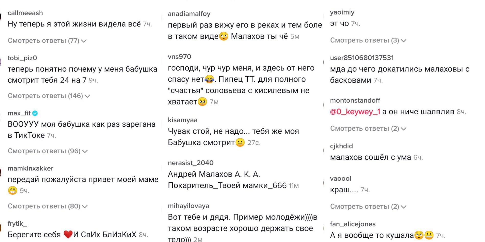 Скриншот комментариев под постом Малахова