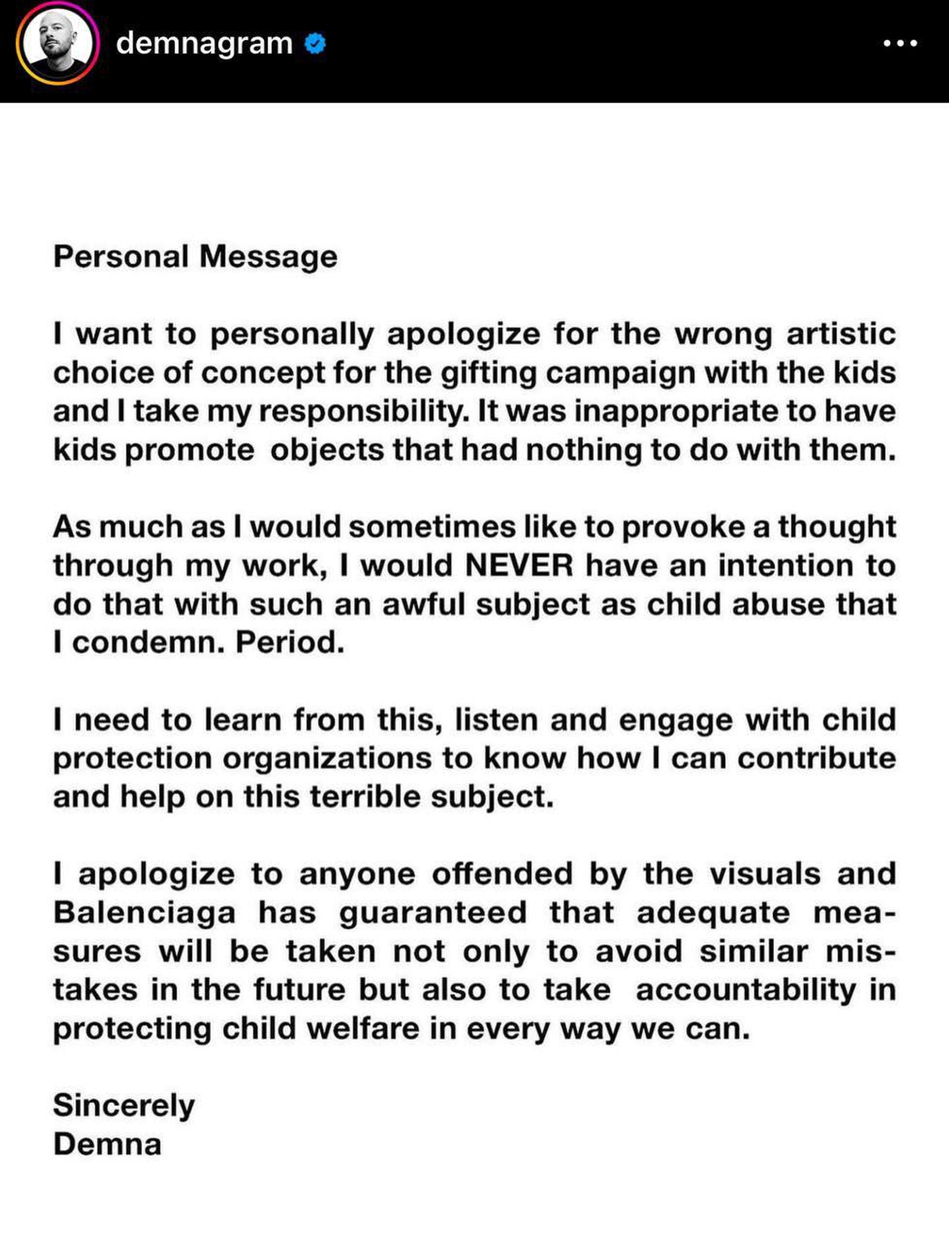 Пост Демны Гвасалия с извинениями
Фото: Инстаграм (запрщен в РФ)