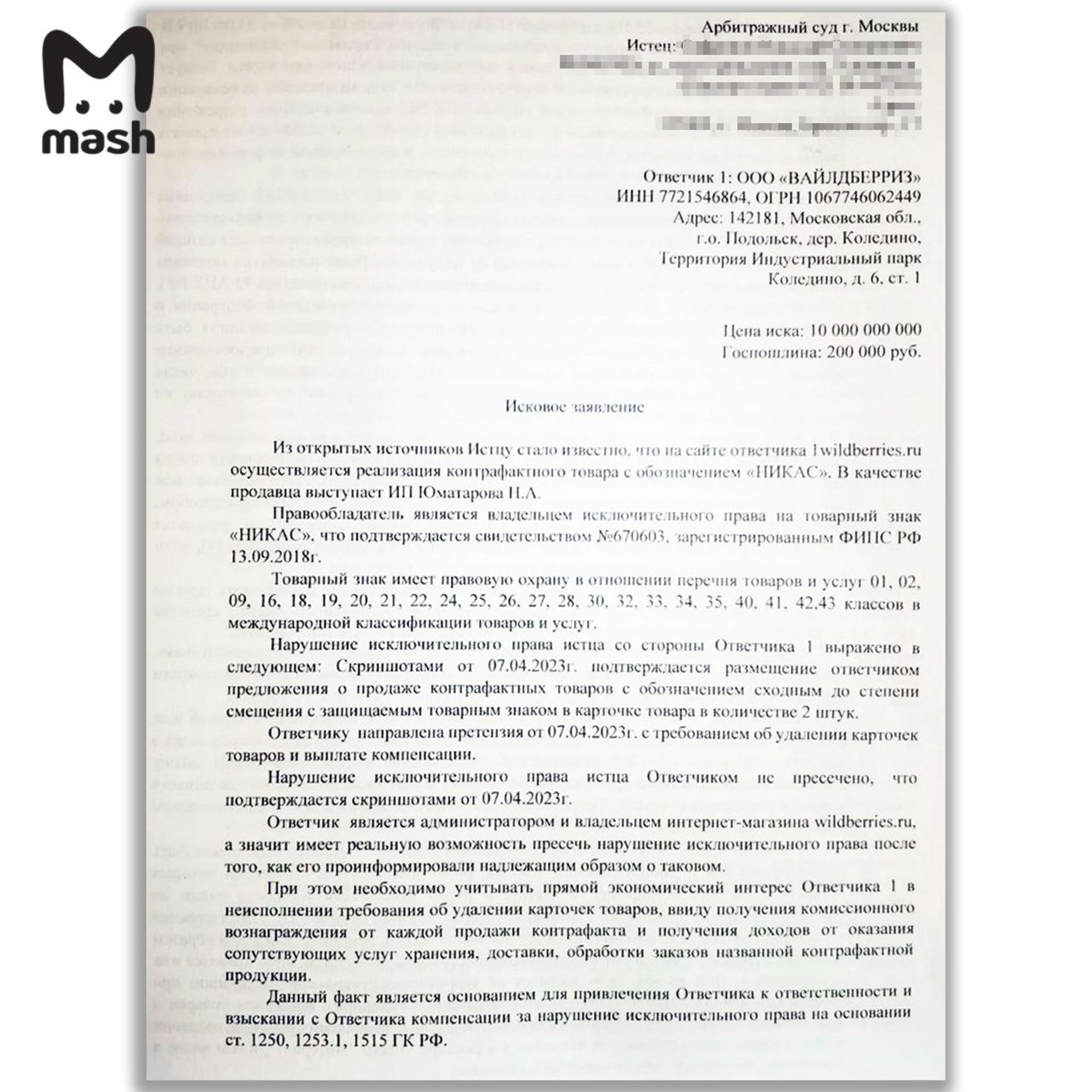 Копия иска Сафронова против Wildberries
Фото: телеграм-канал Mash
