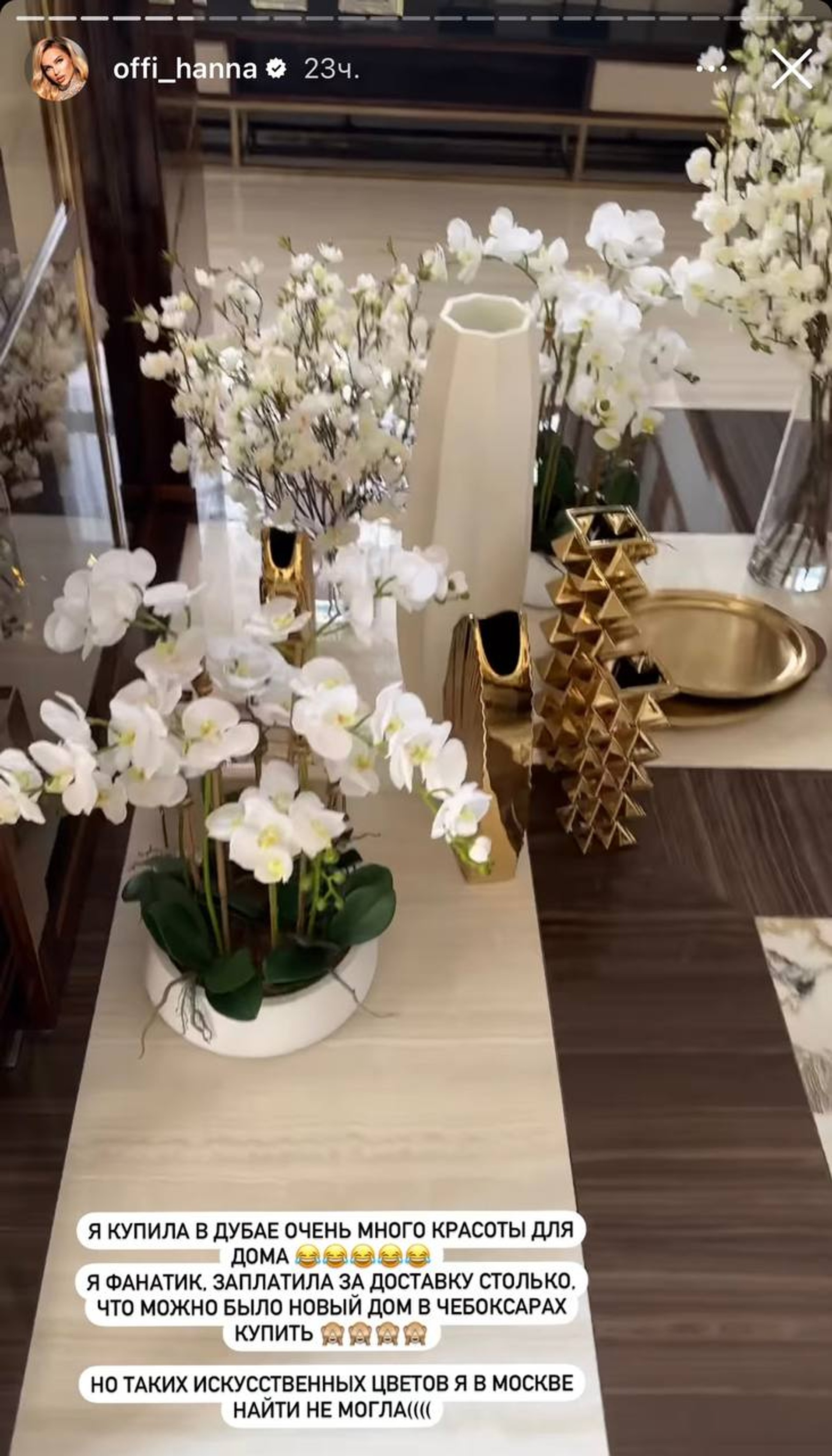 Пост Ханны о том, какую сумму она потратила на доставку искусственных цветов из Дубая в Москву
Фото: Инстаграм (запрещен в РФ)