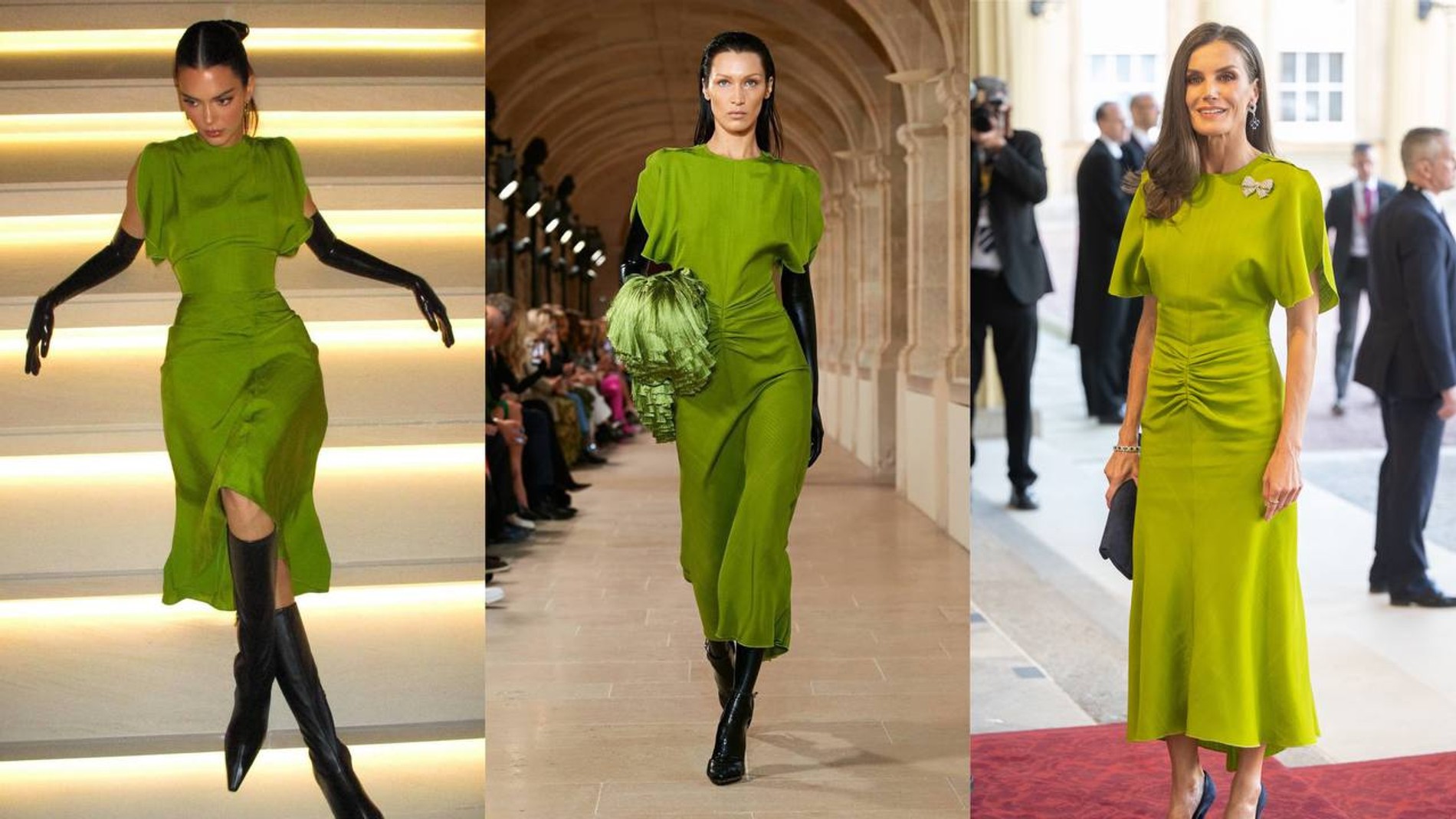 Кендалл Дженнер, Белла Хадид и королева Летиция в платье Victoria Beckham
Фото: Инстаграм (запрещен в РФ), Getty Images