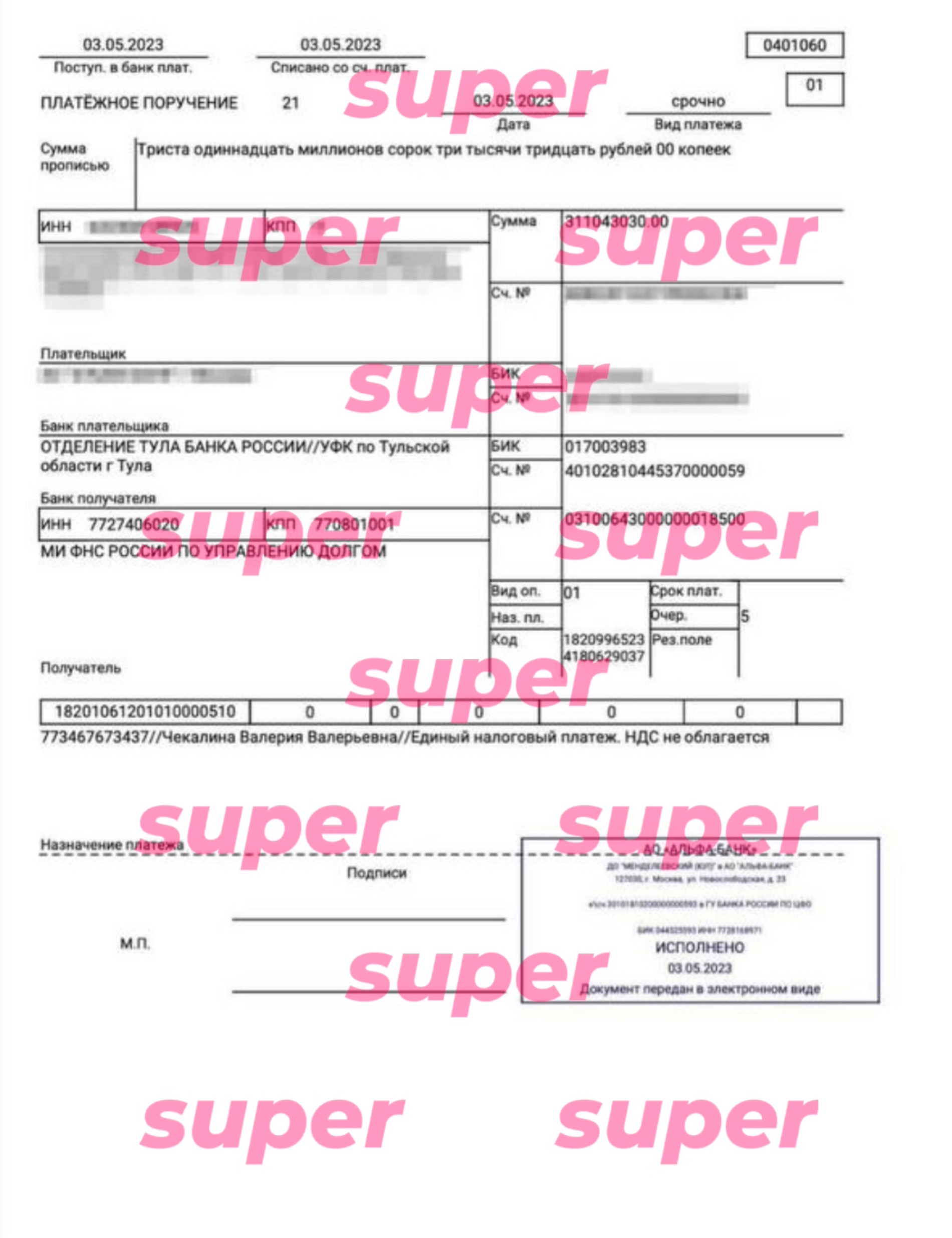 Платежная квитанция 
Фото: предоставлено Super представителями Валерии Чекалиной