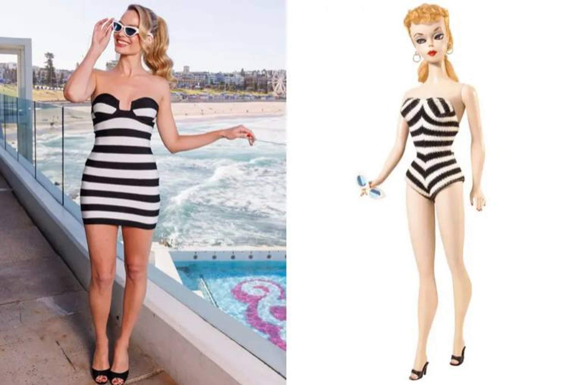 На промомероприятие в Сиднее 29 июня Робби пришла в сшитом на заказ облегающем платье Hervé Léger: оно отсылает к черно-белому купальнику без бретелек, который носила первая Барби в далеком 1959 году
Фото: Page Six