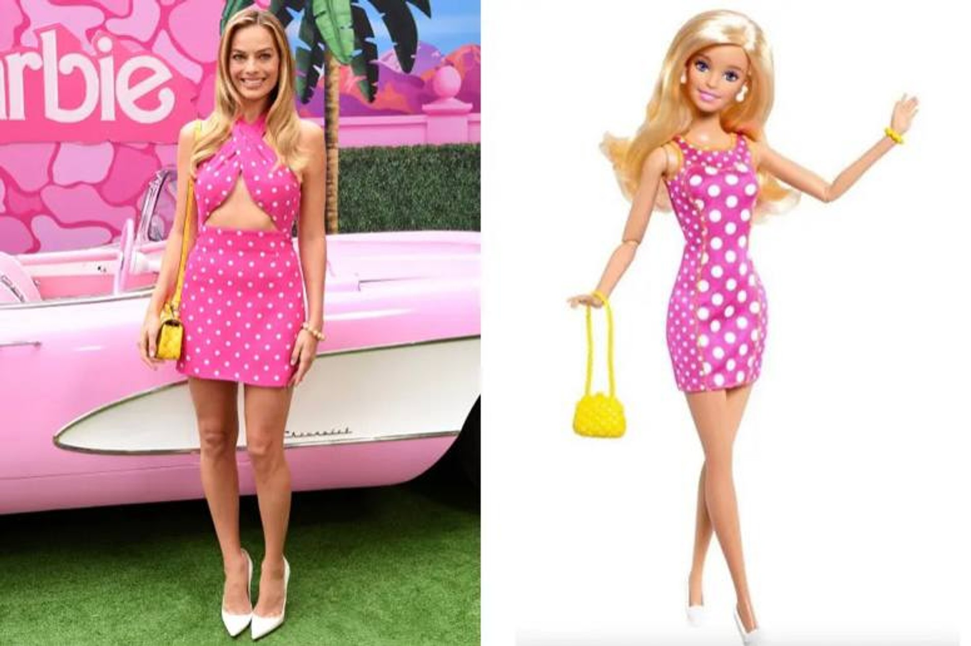 На фотоколле в Лос-Анджелесе 25 июня Марго полностью повторила один из культовых образов Барби: ярко-розовое мини-платье от Valentino с игривыми белыми горошинами, крошечная солнечно-желтая сумка и белые лодочки
Фото: Page Six