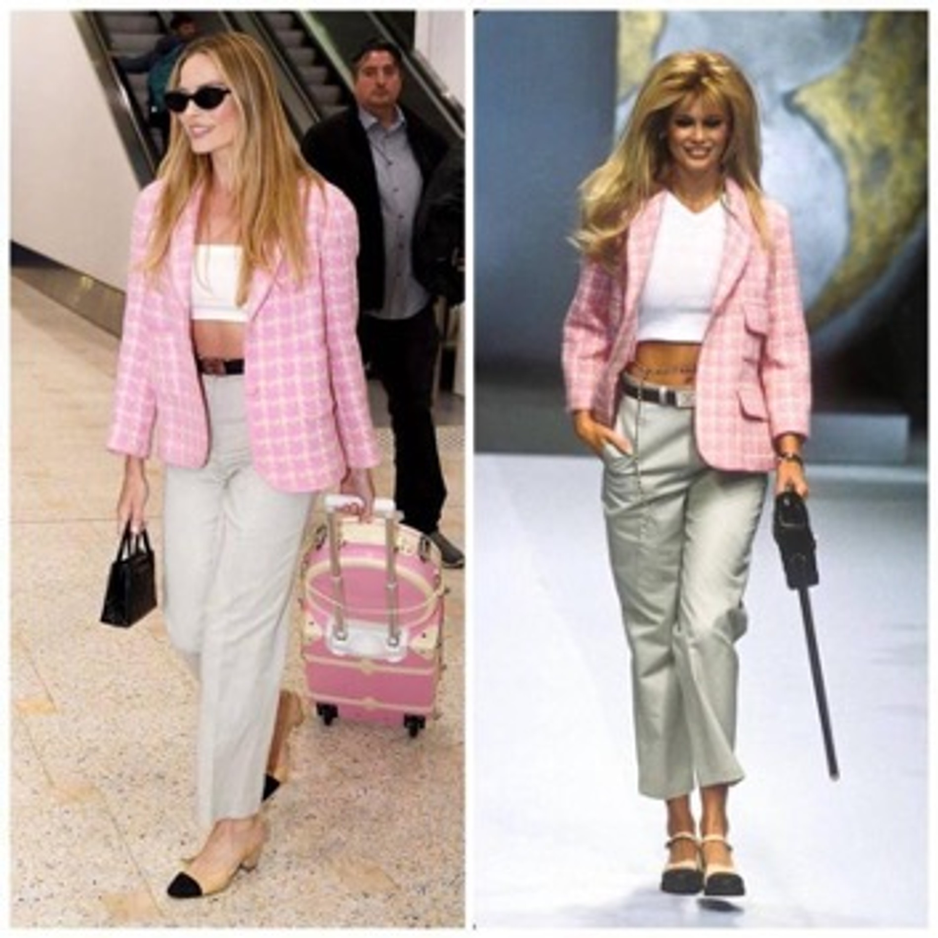 Марго Робби в пресс-туре фильма «Барби» / Клаудия Шиффер на показе Chanel 1995