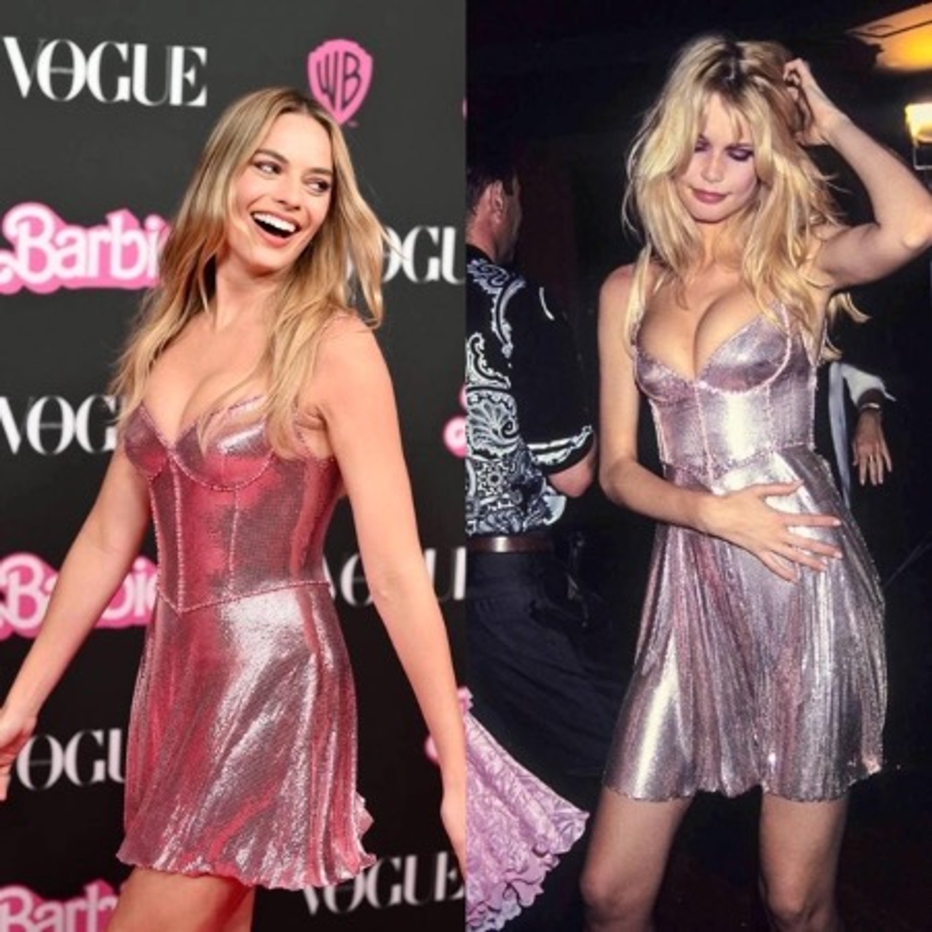 Марго Робби на премьере фильма «Барби» в Сиднее / Клаудия Шиффер на афтепати Versace в Париже, 1994. Фото: Getty Images