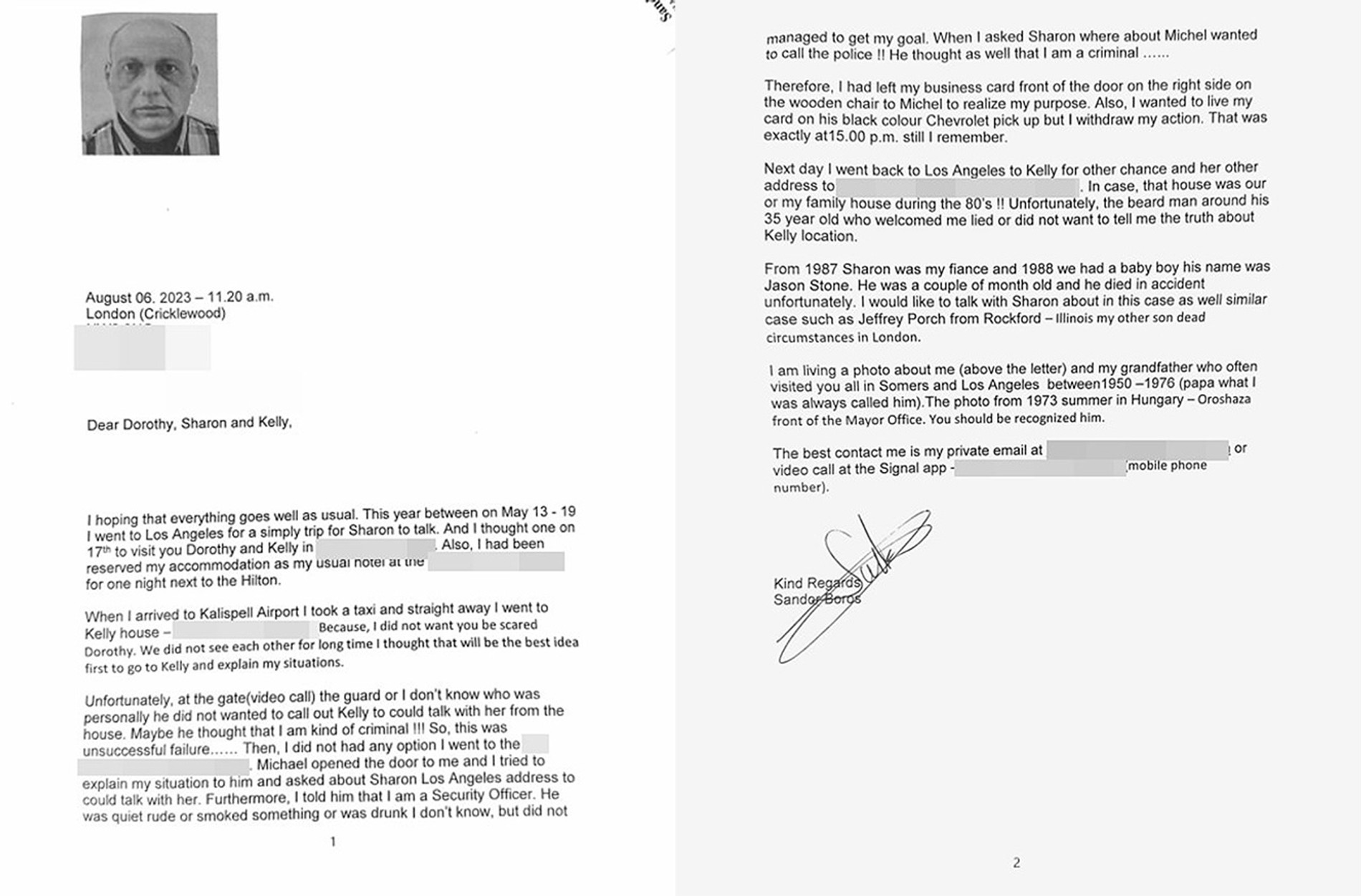 Письмо Шандора Бороша Шэрон Стоун и ее родственникам. Фото: Daily Mail
