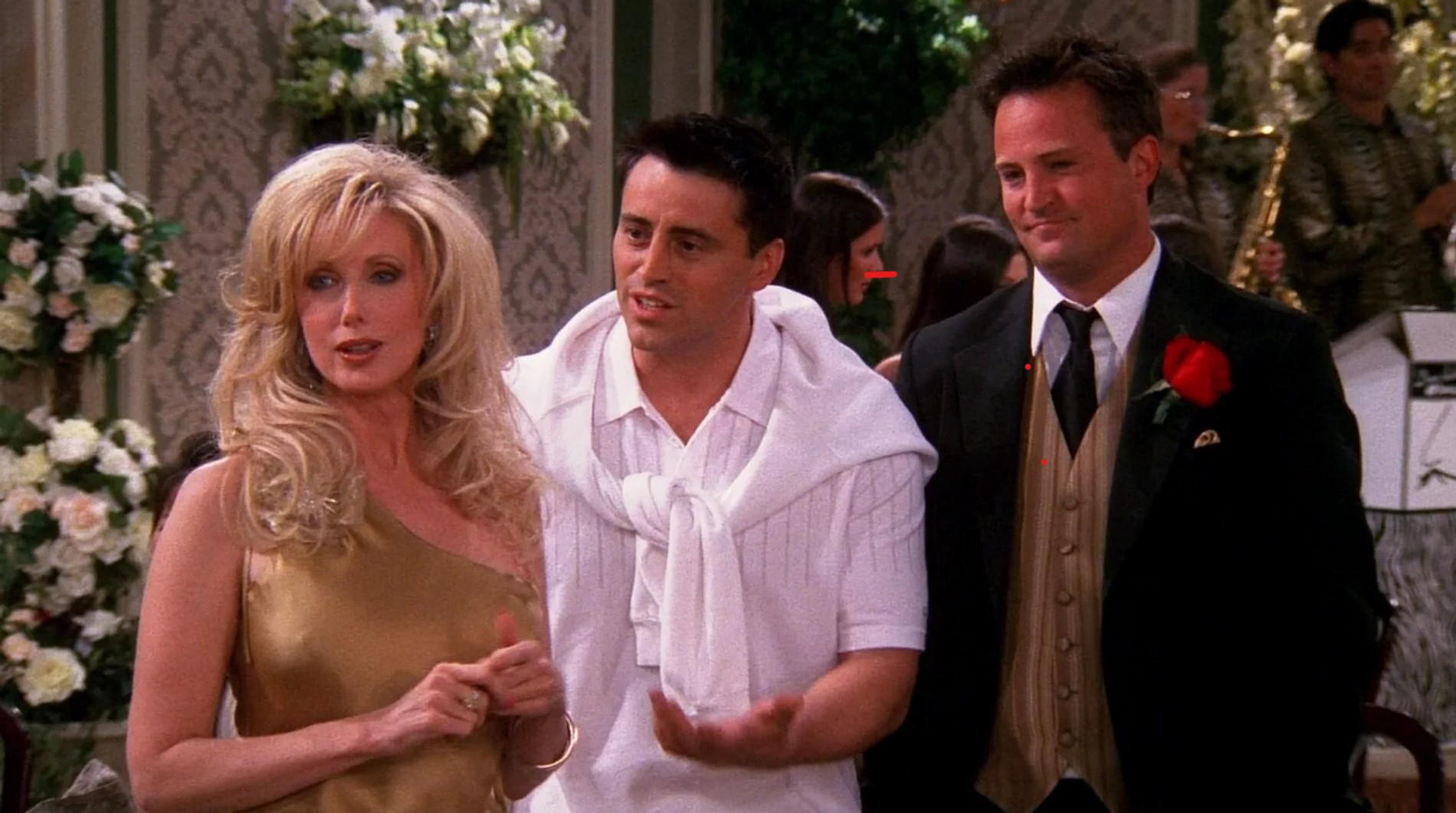 Морган Фэрчайлд, Мэтт Леблан и Мэттью Перри. Кадр из сериала «Друзья»