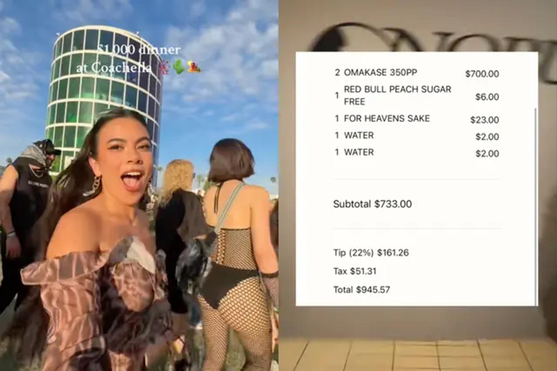 Блогер потратила около тысячи долларов на ужин. Скриншот: Тикток @adelainemorin